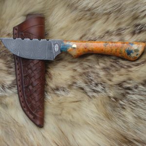 Thumb Print Damascus Blade Skinner Box Elder Burl Wood Hunter