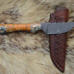 Thumb Print Damascus Blade Skinner Box Elder Burl Wood Hunter