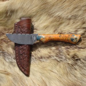 Thumb Print Damascus Blade Skinner Box Elder Burl Wood Hunter