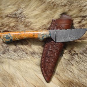 Thumb Print Damascus Blade Skinner Box Elder Burl Wood Hunter