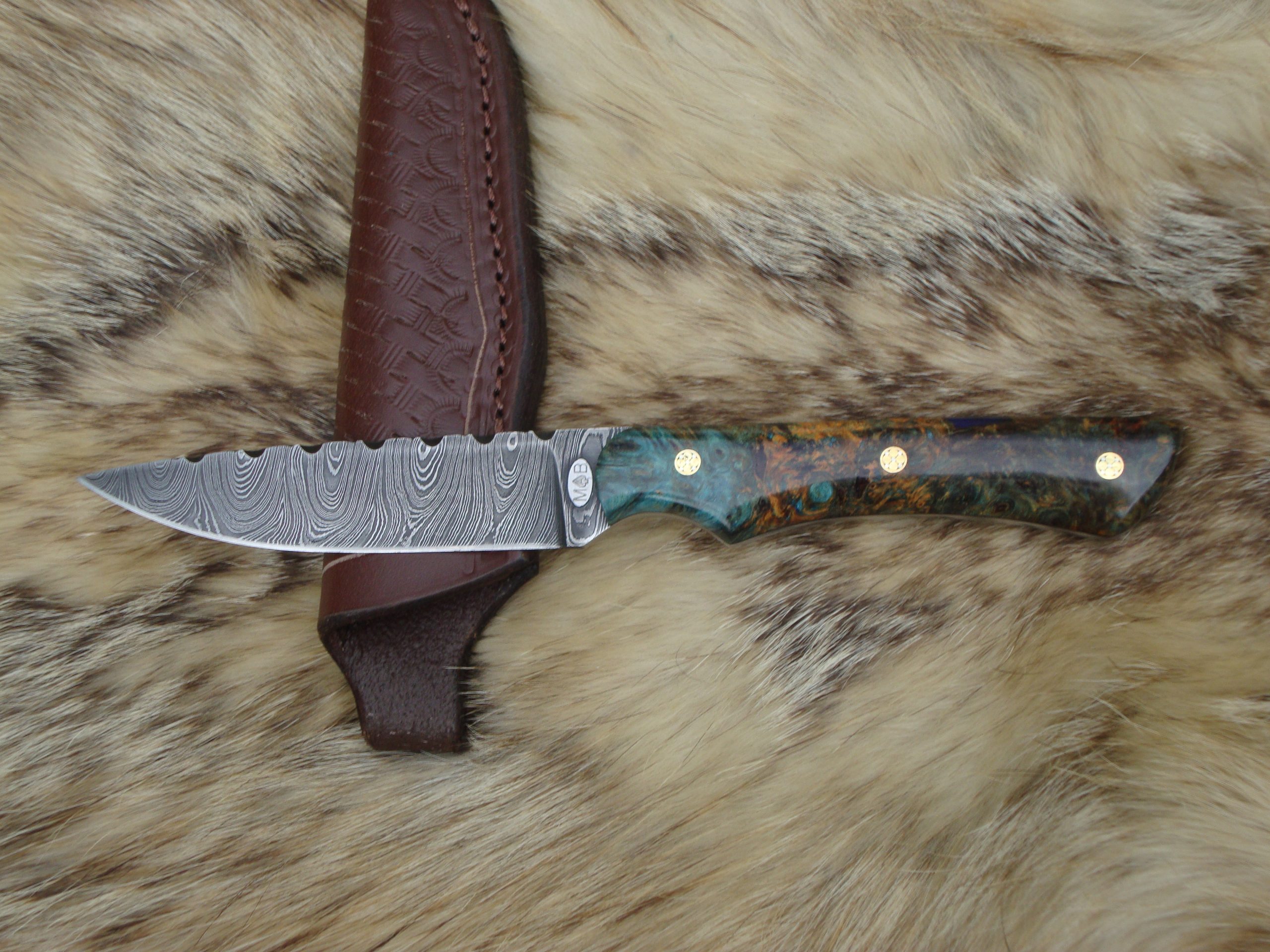 Twist Damascus Blade English Chestnut Burl Handle Hunter