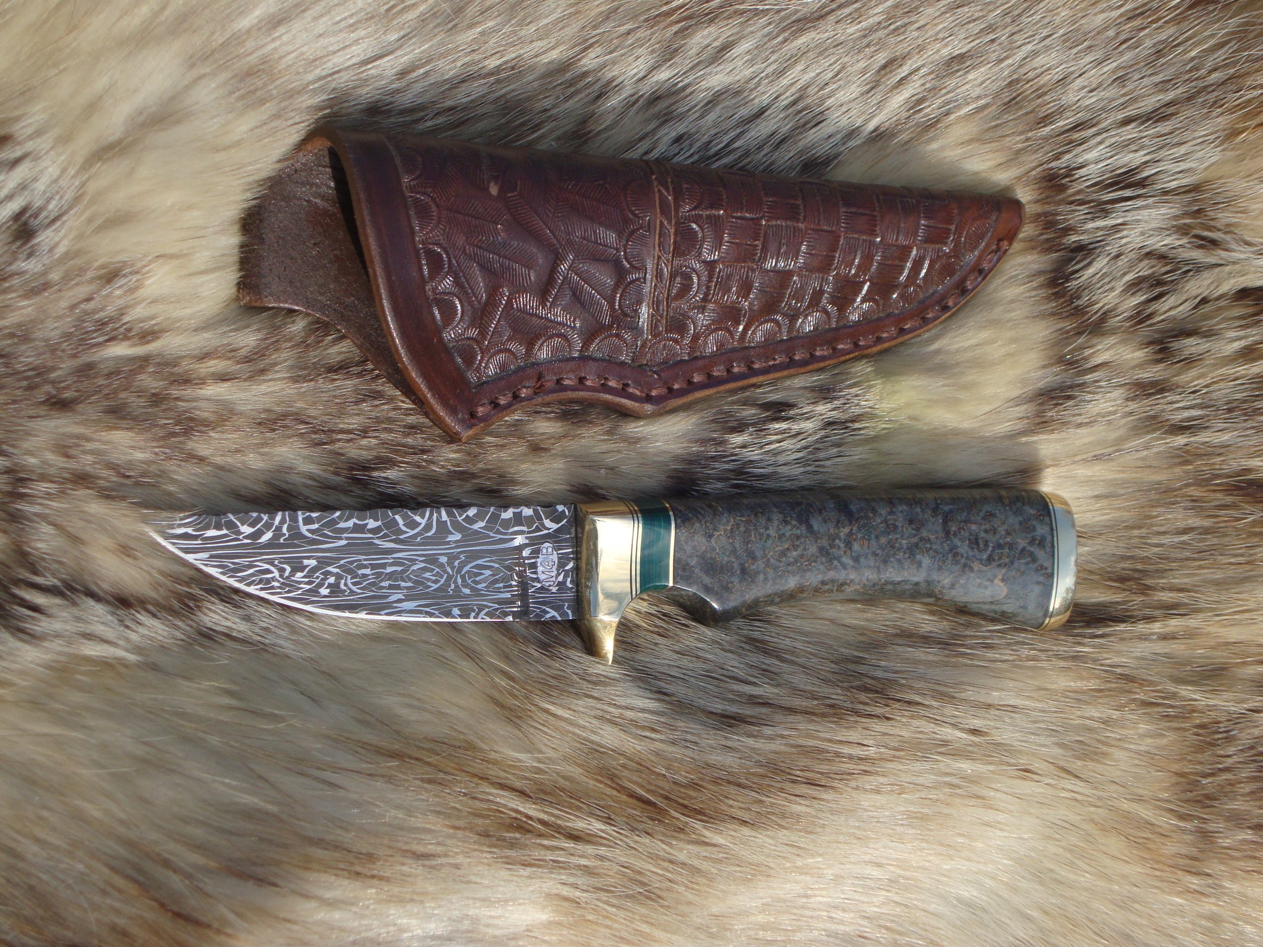 Mosaic Damascus Blade Black Ash Burl Handle Hunter File Worked Blade