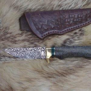 Mosaic Damascus Blade Black Ash Burl Handle Hunter File Worked Blade