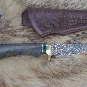 Mosaic Damascus Blade Black Ash Burl Handle Hunter File Worked Blade