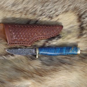 Mosaic Damascus Blade Bird Trout Style Hunter file Worked Blade Box Elder Burl Handle