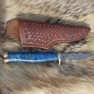 Mosaic Damascus Blade Bird Trout Style Hunter file Worked Blade Box Elder Burl Handle