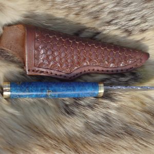 Mosaic Damascus Blade Bird Trout Style Hunter file Worked Blade Box Elder Burl Handle