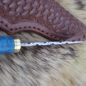 Mosaic Damascus Blade Bird Trout Style Hunter file Worked Blade Box Elder Burl Handle