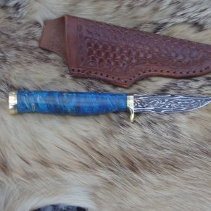 Mosaic Damascus Blade Bird Trout Style Hunter file Worked Blade Box Elder Burl Handle
