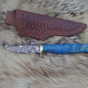 Mosaic Damascus Blade Bird Trout Style Hunter file Worked Blade Box Elder Burl Handle