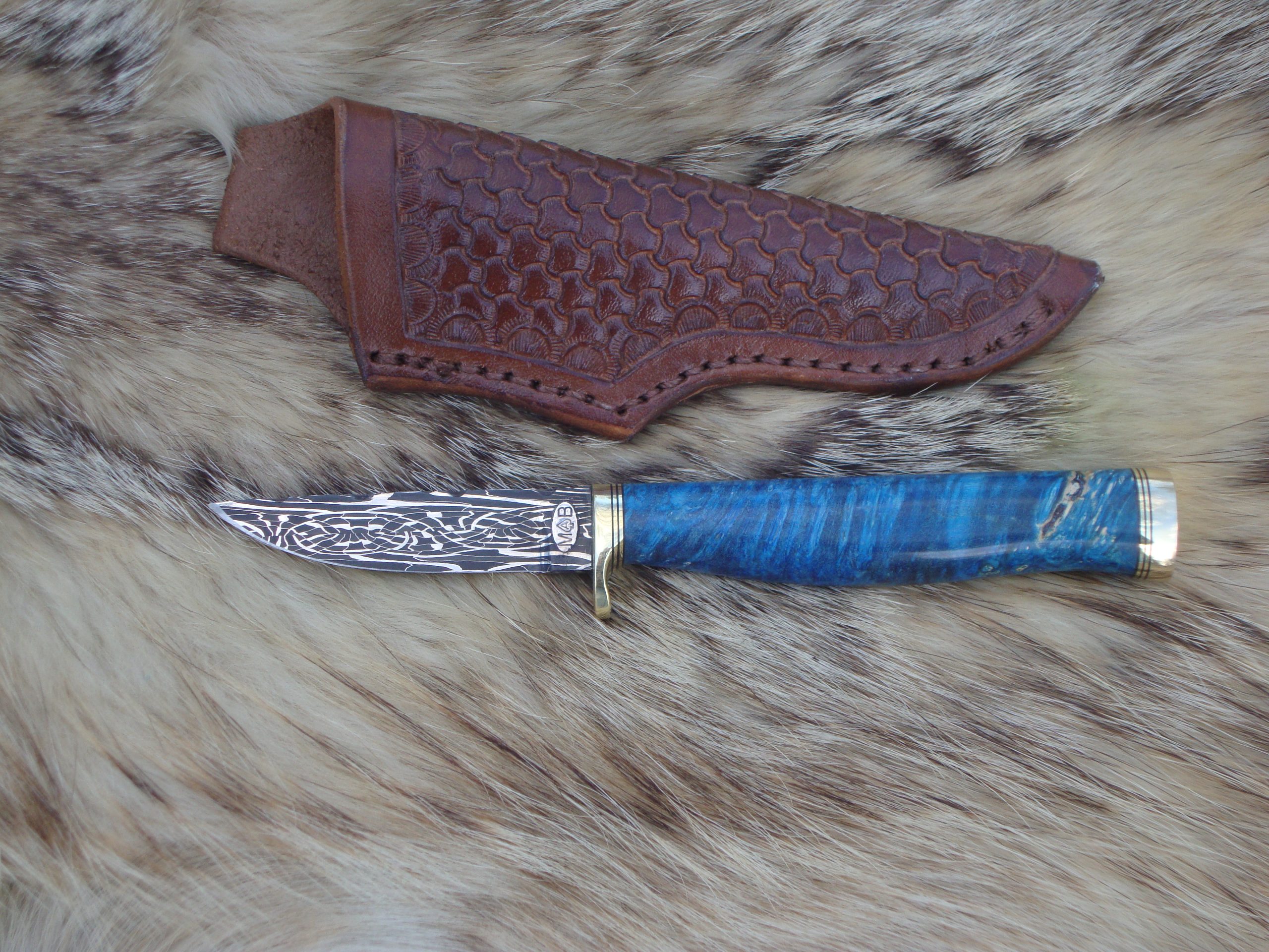 Mosaic Damascus Blade Bird Trout Style Hunter file Worked Blade Box Elder Burl Handle