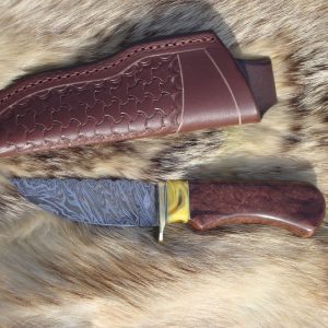 Tiger Damascus With Redwood Lace Burl & Copal Amber Handle File Worked Blade Hunter