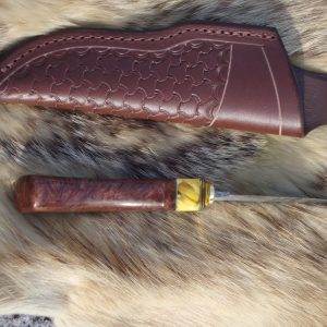 Tiger Damascus With Redwood Lace Burl & Copal Amber Handle File Worked Blade Hunter