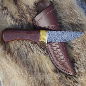 Tiger Damascus With Redwood Lace Burl & Copal Amber Handle File Worked Blade Hunter