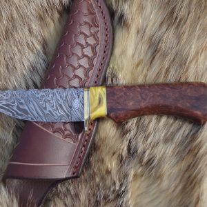 Tiger Damascus With Redwood Lace Burl & Copal Amber Handle File Worked Blade Hunter