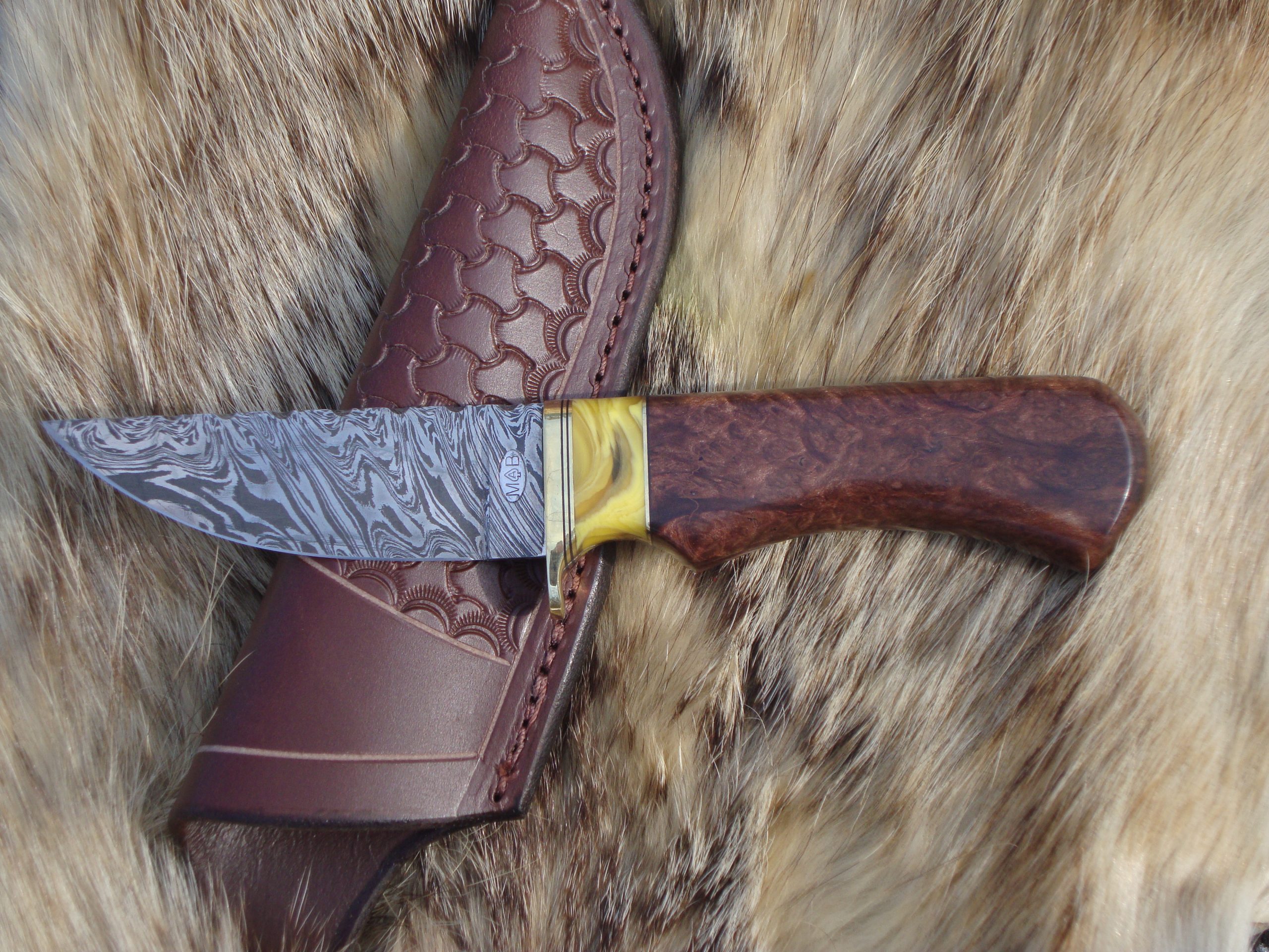 Tiger Damascus With Redwood Lace Burl & Copal Amber Handle File Worked Blade Hunter