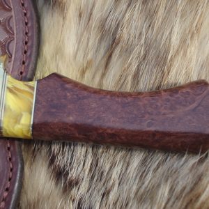 Tiger Damascus With Redwood Lace Burl & Copal Amber Handle File Worked Blade Hunter