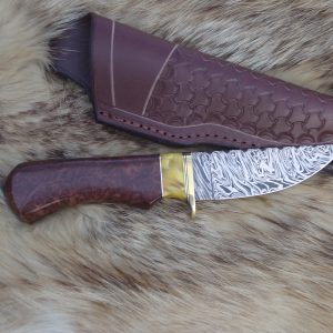 Tiger Damascus With Redwood Lace Burl & Copal Amber Handle File Worked Blade Hunter