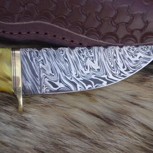 Tiger Damascus With Redwood Lace Burl & Copal Amber Handle File Worked Blade Hunter