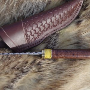 Tiger Damascus With Redwood Lace Burl & Copal Amber Handle File Worked Blade Hunter